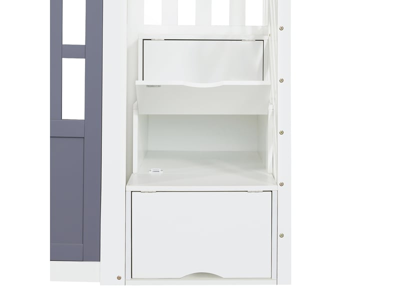  Lit mezzanine cabane avec escalier de rangement - 90x200cm - porte et fenêtres ouvrantes, bordure de toit ondulée - avec sommier à lattes - blanc, détails bleu grisé  - Conforama E