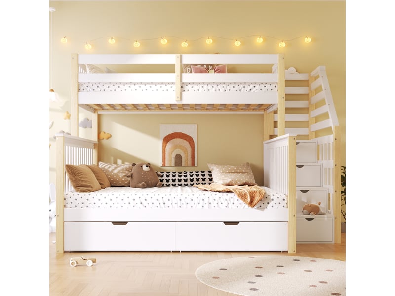  Lit superposé 90x200 sur 140x200 avec tiroirs de rangement, lit enfant en bois massif, escalier latéral, blanc et nature.  - Conforama E