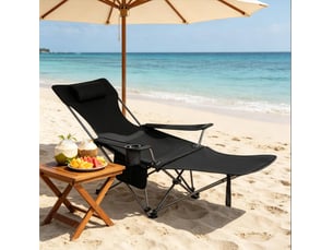 Fauteuil de camping pliant noir avec repose-pieds extensible, dossier réglable et sac de transport pratique