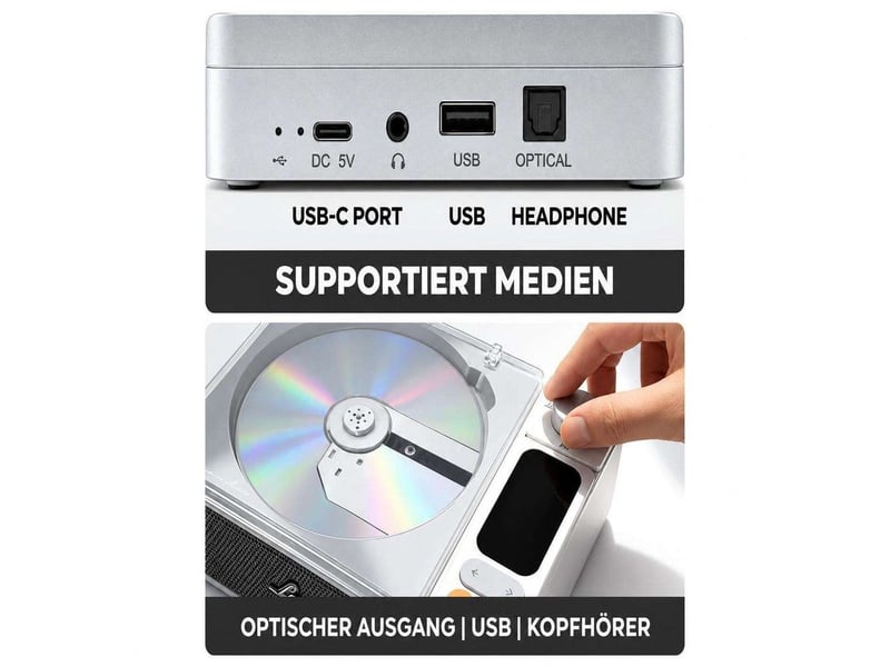 Lecteur cd portable bluetooth 5.1 avec batterie 4000 mah – platine cd hi-fi avec sortie optique, port usb, sortie casque jack 3,5 mm, écran led et télécommande – argent - Conforama D
