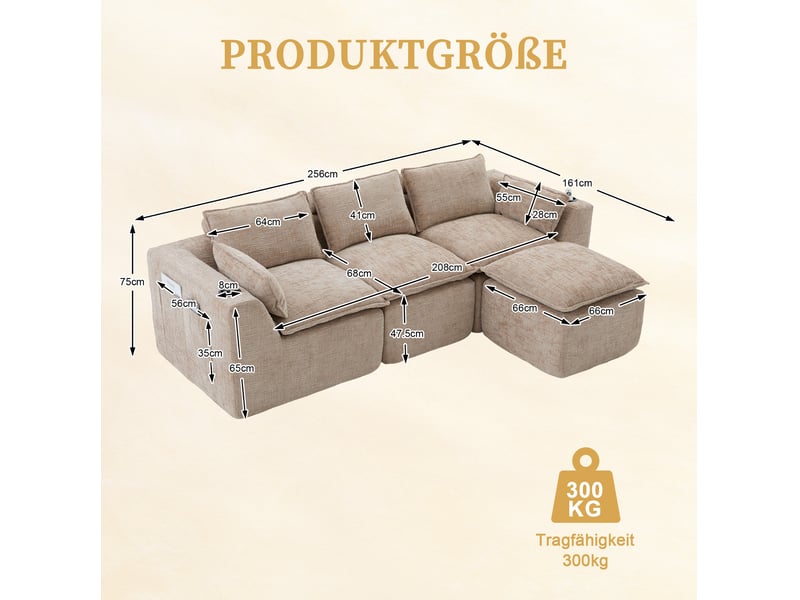  Canapé modulable 3 places modenvie avec pouf, coussins et porte-gobelet, tissu chenille taupe, 256 x 161 x 75 cm  - Conforama C