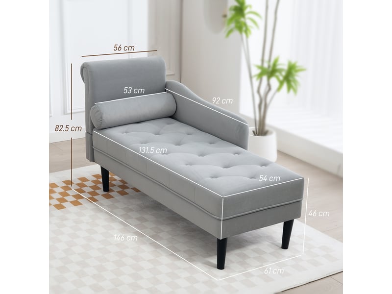  Chaise longue avec revêtement matelassé effet velours gris, en bois massif et mousse, 146 x 61 x 82,5 cm  - Conforama E