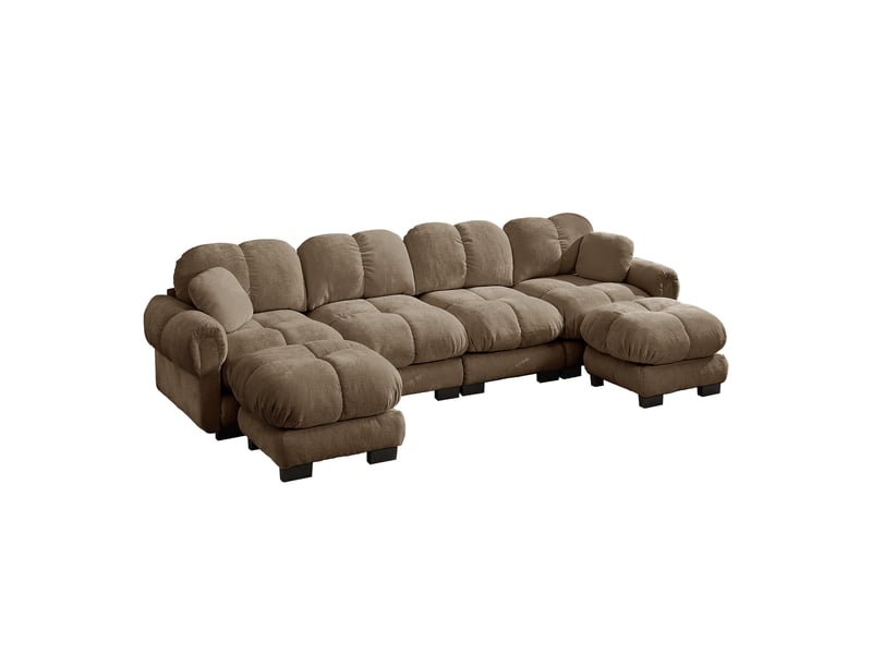 Canapé modulable 4 places 330 cm canapé droit en tissu chenille avec 2 pouf mobile, design matelassé, coussins épais, dossier ergonomique, burn Seren Glow - Conforama A