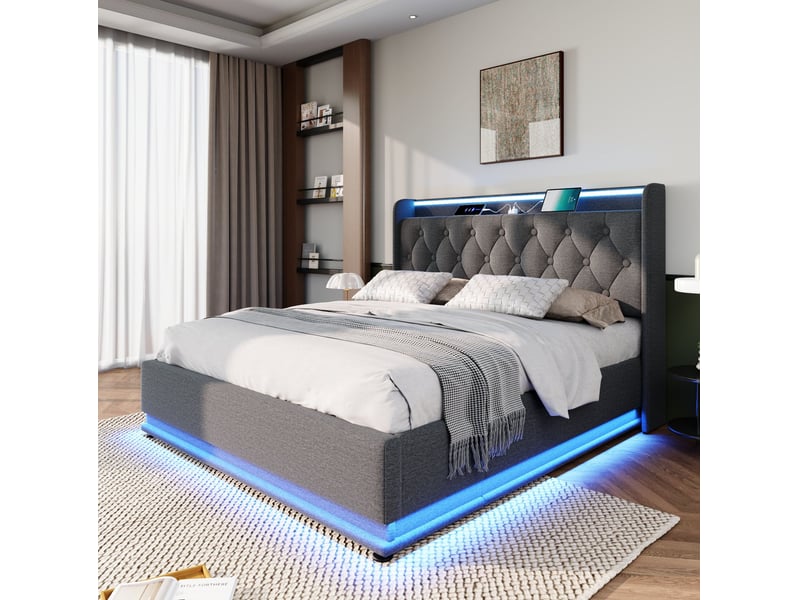  Lit double coffre 140 x 190 cm gris en lin avec led 360° et ports usbtype-c  - Conforama D