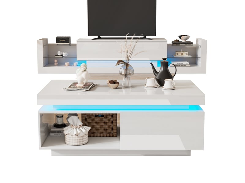  Ensemble meuble tv mural et table basse 181 x 38 x 38 cm – blanc – éclairage led bluetooth et rangement  - Conforama A