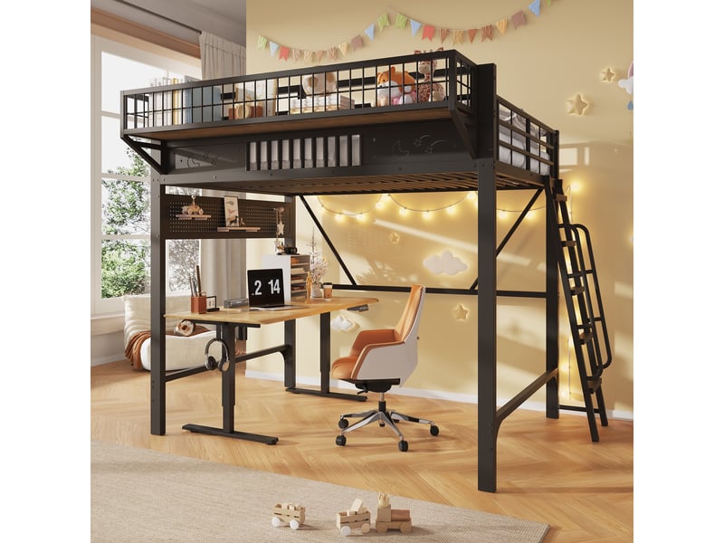  Lit mezzanine 140x200cm - lit double en métal avec étagère suspendue et échelle réversible pour ado et adulte - noir  - Conforama D