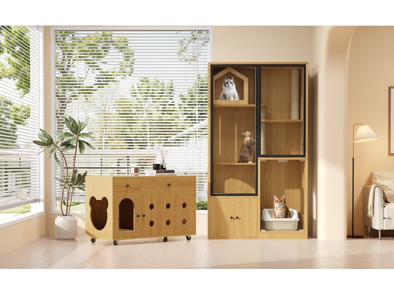  Meuble cache-litière multifonction, espace repos vitré avec rangement fermé, grande capacité, finition jaune érable  - Conforama R
