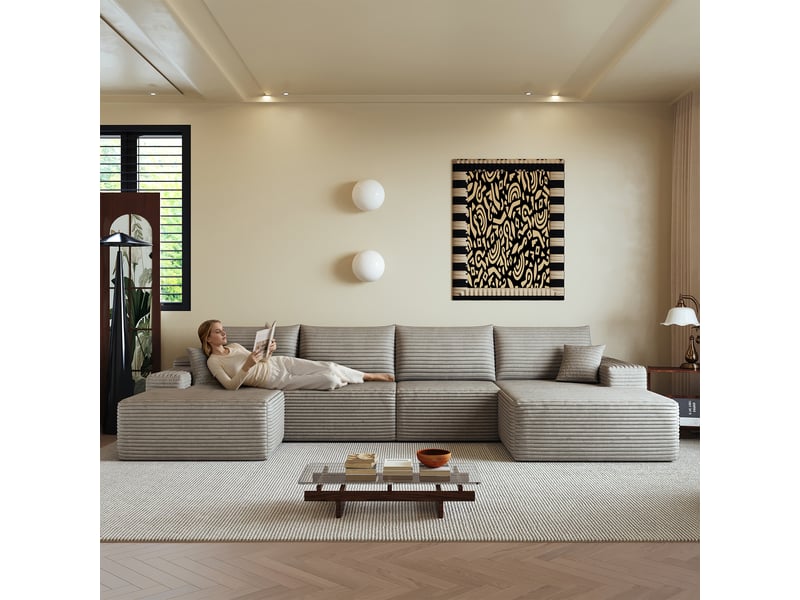  Canapé d’angle modulaire avec méridienne profonde - lpospi - mousse haute élasticité, velours côtelé - camel  - Conforama E