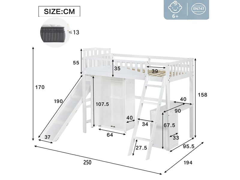 Lit mezzanine enfant 90x200 cm avec toboggan, bureau et armoire blanc - Conforama E