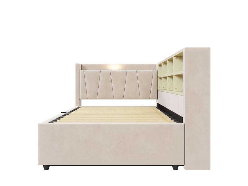  Lit coffre 90x200 cm avec éclairage nocturne et ports de charge, tête de lit multifonctionnelle, métal beige sans matelas  - Conforama E
