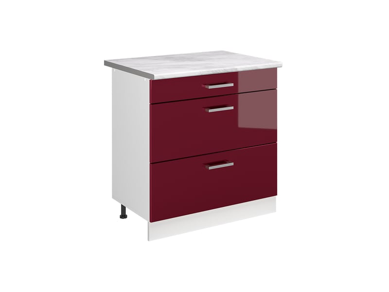  Vicco meuble cuisine, rouge brillantblanc, 80cm avec 3 tiroirs plan de travail marbre  - Conforama A