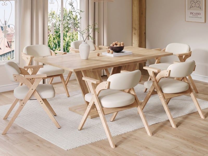 Ensemble table et chaises, table extensible 140/180x80cm chêne, pieds v + 6 chaises pliantes boislin beige  - Conforama B