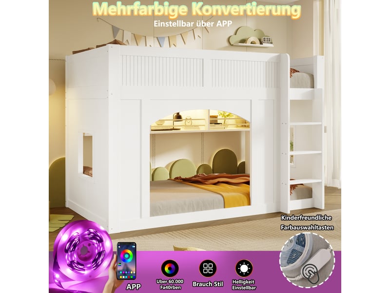 Lit mezzanine enfant 90x200 cm blanc en bois avec led multicolore, fenêtres, bibliothèque intégrée et espace de jeu sous le couchage pour chambre - Conforama E