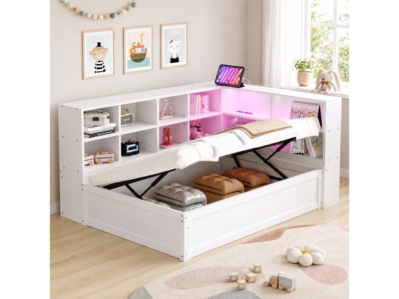  Lit simple 90x200 cm avec rangement et éclairage led en bois blanc  - Conforama B