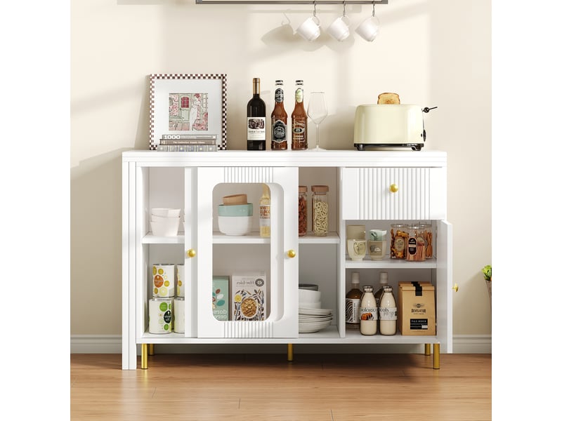 Buffet moderne - blanc - plateau extensible - pieds en métal doré - design contemporain - Conforama R