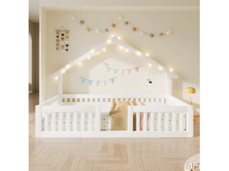  Lit cabane enfant modenvie 90 x 200 cm avec barrière de sécurité led mdf et pin blanc  - Conforama E