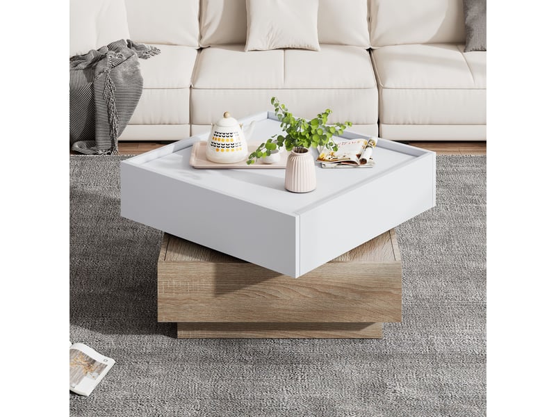 Table basse pivotante 360 carrée 60x60cm, table de salon avec 2 tiroirs, blanc et noyer  - Conforama W