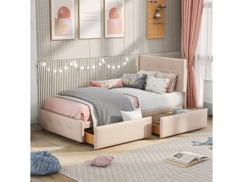  Lit enfant 90x200 cm, avec tiroir, avec tête de lit et lattes, en tissu, beige, sans matelas  - Conforama B