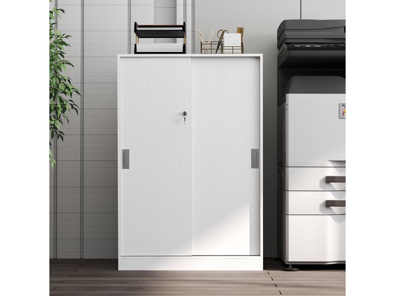  Armoire de bureau 2 portes coulissantes verrouillables dim. 80l x 40l x 120h cm blanc 2 étagères en bois  - Conforama W
