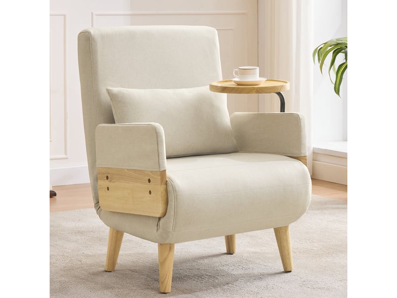 Fauteuil convertible 3 en 1 avec dossier réglable, tablette pivotante et coussin, pour salon, en lin beige - Conforama B