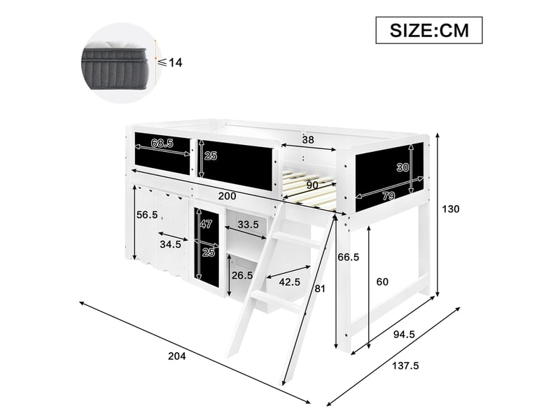  Lit mezzanine enfant 90x200 cm blanc avec rangements, tableau à craie, échelle inclinée et garde-corps  - Conforama C
