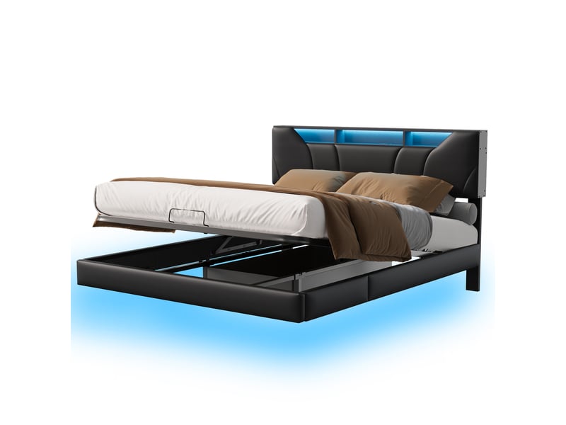  Lit 140x190 cm avec led et port usb,lit flottant ,lit double,lit suspendu,tête de lit avec rangement,pu,noir  - Conforama A
