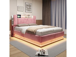 Lit coffre capitonné 140 x 200 cm - avec éclairage led - avec port usb - velours - rose (matelas non inclus)