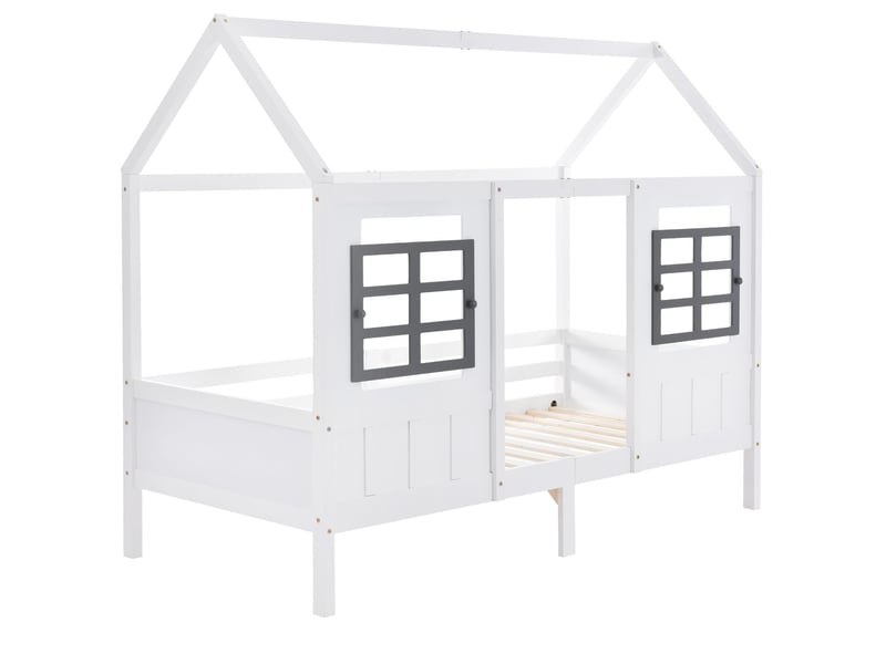  Lit cabane enfant 90x200cm - blanc pin 2 fenêtres grises - lit enfant - design maison barrière sécurité - sommier inclus  - Conforama A