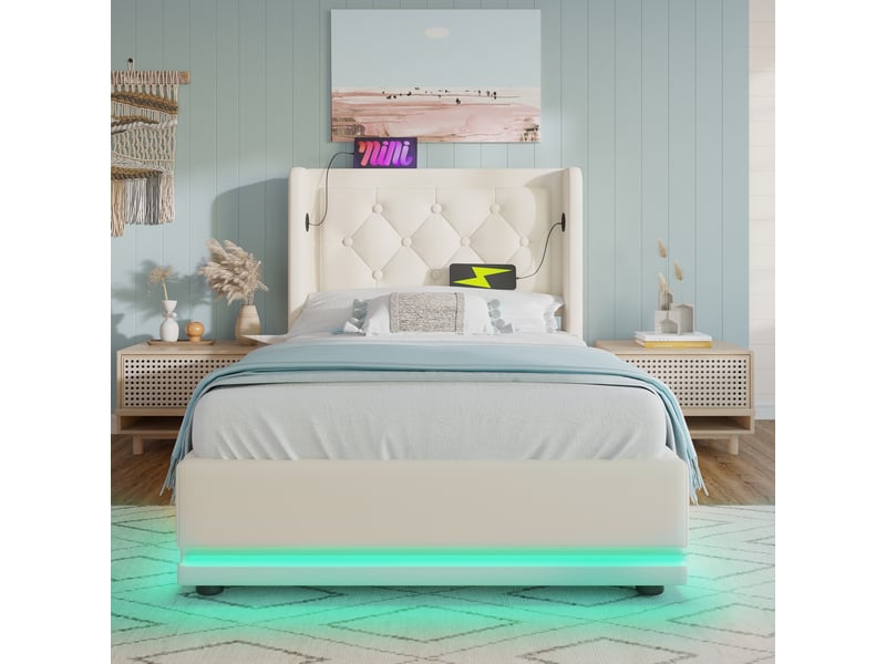 Lit coffre 90x200 cm avec dossier capitonné, led et rangement, pu, blanc, matelas inclus - Conforama B