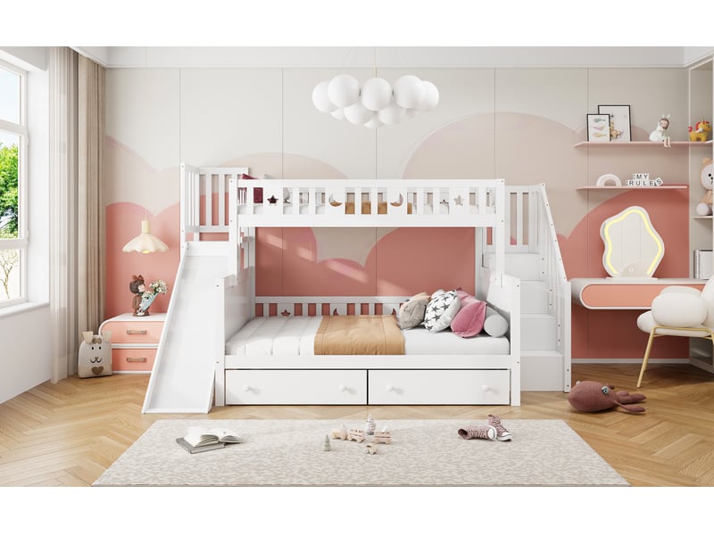  Lit superposé enfant avec toboggan, 90 x 200 + 140 x 200 cm, rangement, blanc  - Conforama W