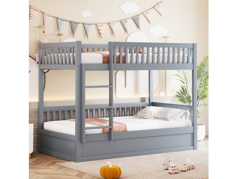 Lits superposés enfant 90x200cm avec lit coffre, garde-corps, échelle de montée, sommiers, bois gris, sans matelas - Conforama C