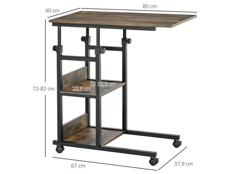  Table d'appoint à roulettes réglable en hauteur 2 étagères marron 80 x 40 x 72-82 cm  - Conforama C