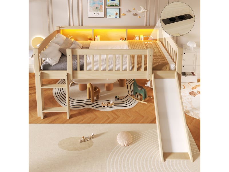 Lit mi-hauteur enfant 90x200 cm avec toboggan, 3 placards de rangement, led multicolores et usb, échelle, pin et mdf, naturel OMNIGLINT TRADING LTD - Conforama D