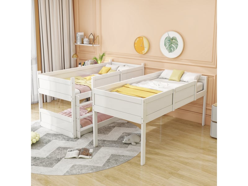  Lit superposé triple enfant 200×90 cm modulable, avec barrières hautes, en pin, contreplaqué et mdf blancs  - Conforama C