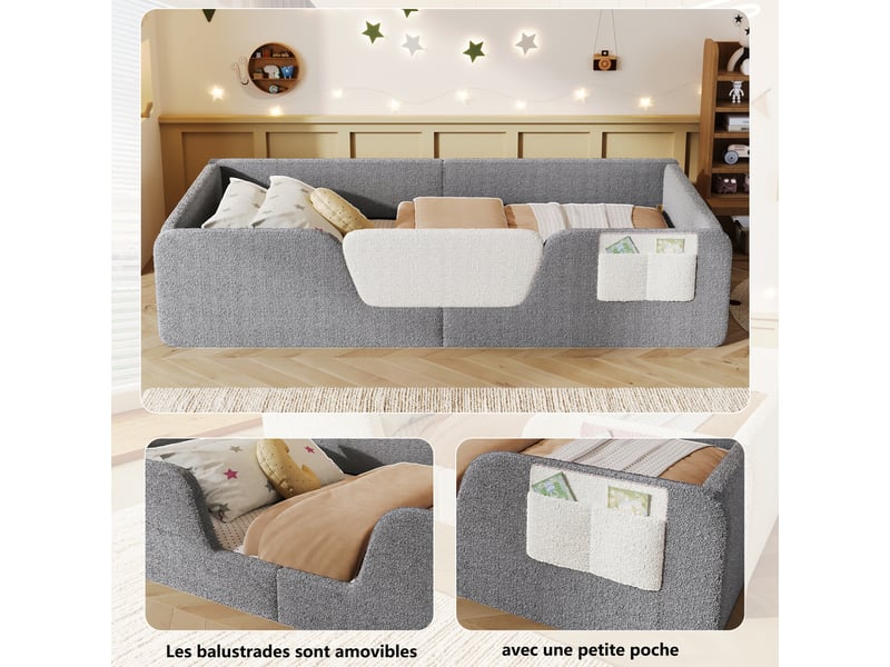 Lit enfant rembourré 90x190 cm en velours gris avec barrière de sécurité amovible, poche de rangement intégrée et design unique Morn Vibe - Conforama D