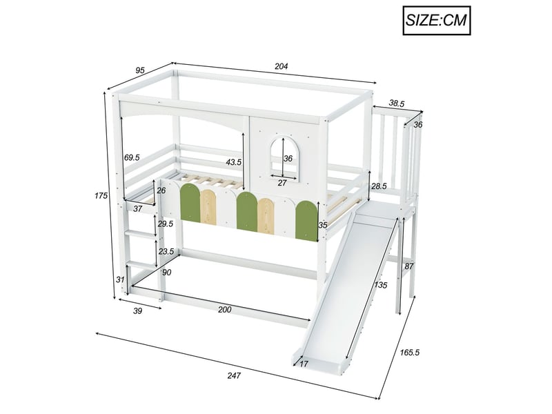 Lit superposé 90x200 forme cabane avec toboggan - lit superposé enfant - barrière multicolore, fenêtres, bois, blanc  - Conforama C