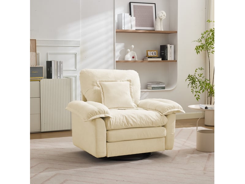  Fauteuil pivotant à 360° en tissu chenillé beige, format oversize, avec coussin de soutien  - Conforama D