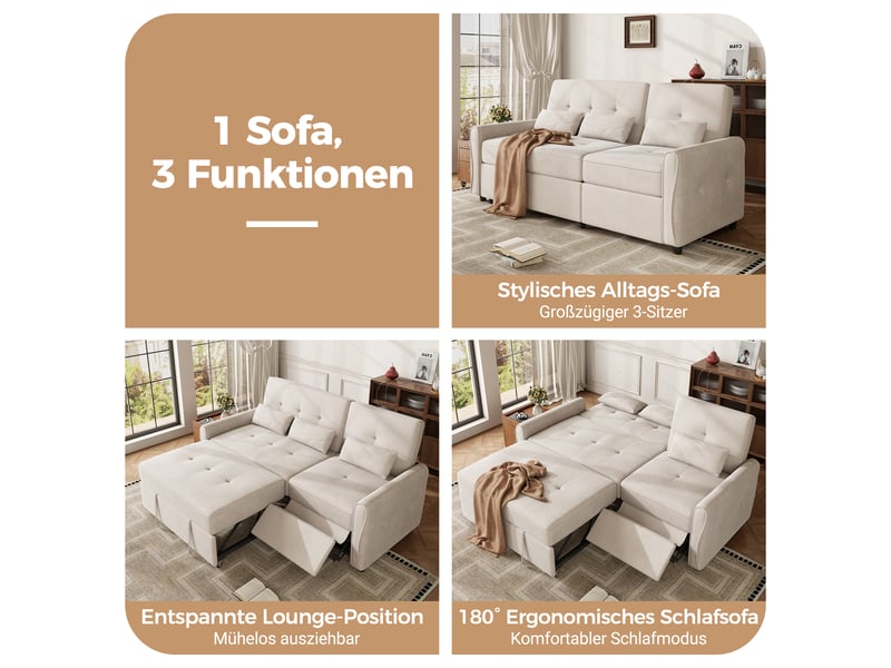 Canapé-lit convertible 3-en-1 3 places 176x148x83 cm avec couchage extractible, dossier réglable 3 positions, repose-jambes, chenille beige - Conforama E
