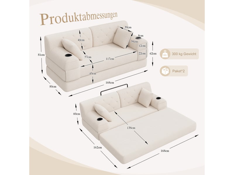  Canapé convertible 2 places 168x80x81 cm sans montage, dossier haut, 2 porte-gobelets, 4 poches latérales, mousse haute densité, velours côtelé beige  - Conforama D