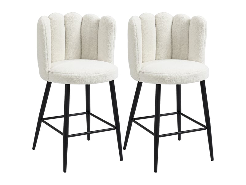  Lot de 2 chaises hautes tabourets de bar avec repose-pieds acier tissu effet laine bouclée hauteur 65 cm crème noir  - Conforama A