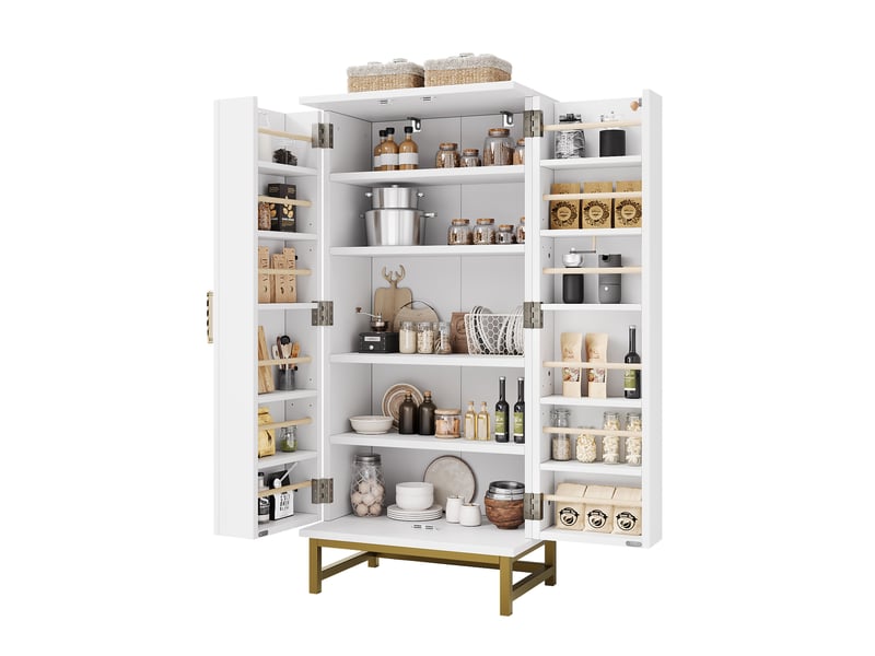  Buffet de cuisine blanc et or, meuble haut 60x40x130 cm, rangement avec étagères ajustables et portes intégrées, idéal pour petite cuisine ou salon  - Conforama W