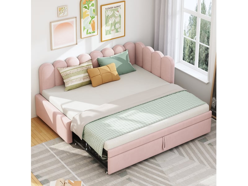  Lit gigogne en l 90x200 cm, gain d'espace, pour chambre, lit enfant, sommier, tête de lit, finition velours rose, sans matelas  - Conforama E