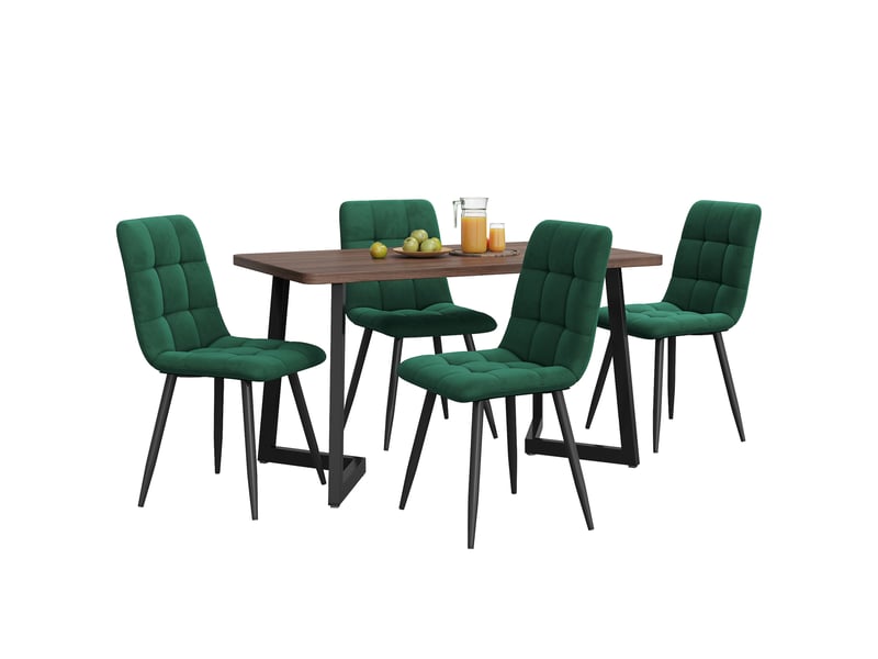 Ensemble table et 4 chaises 117x68x75 cm mdf noyer et velours vert foncé  - Conforama A