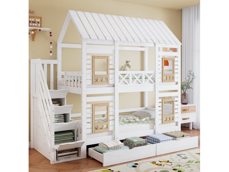  Lit superposé enfant 90x200 cm blanc et naturel avec rangements  - Conforama B