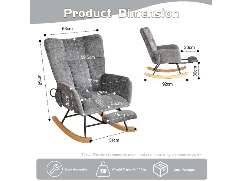 Fauteuil à bascule avec dossier ergonomique, coussins réglables et rangement latéral en chenille gris foncé - Conforama D