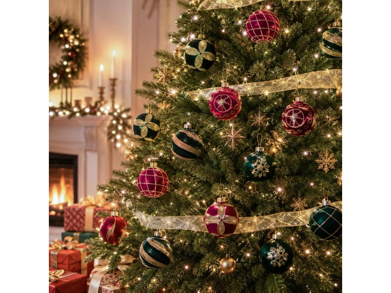  Lot de 16 boules de noël 8 cm, décorations suspendues pour sapin de noël, ornements de fête pour maison, vin et vert foncé  - Conforama D