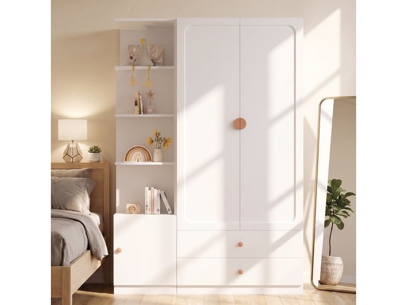 Armoire de chambre - 135 x 45 x 200 cm - armoire de rangement avec 2 portes battantes, 2 tiroirs et étagères latérales - blanc - Conforama C