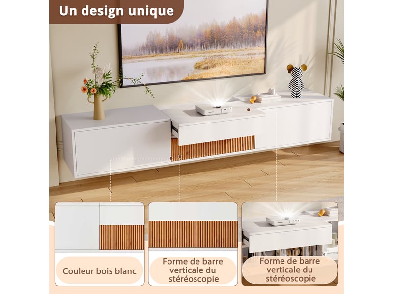  Meuble tv blanc 180 cm avec support vidéoprojecteur, design moderne mural ou sur pied, 180x34x30 cm  - Conforama E