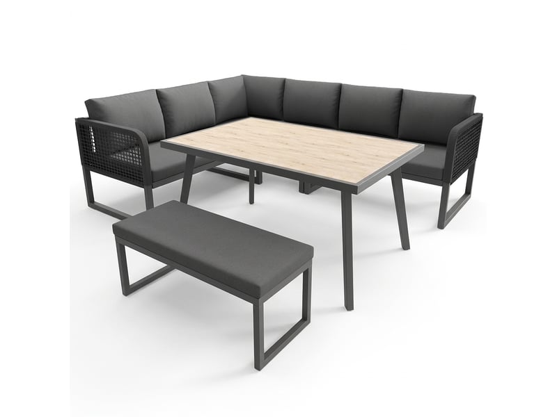 Ensemble de mobilier de jardin pour 6 à 8 personnes, gris, salon de jardin en polyrotin avec table et banc, résistant aux intempéries, 121,5 x 61 x 77 cm - Conforama B