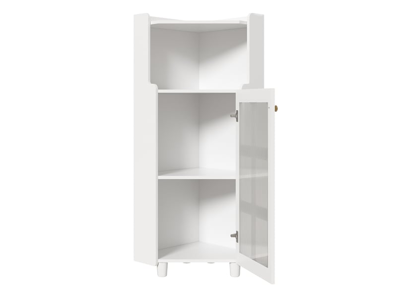  Meuble d'angle triangulaire avec porte en verre ondulé, étagère ouverte, éclairage led connecté et étagères réglables  - Conforama A